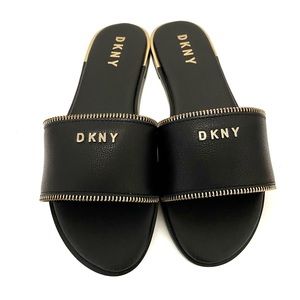 DKNY Black Gold Whit Flats Leather Sandals